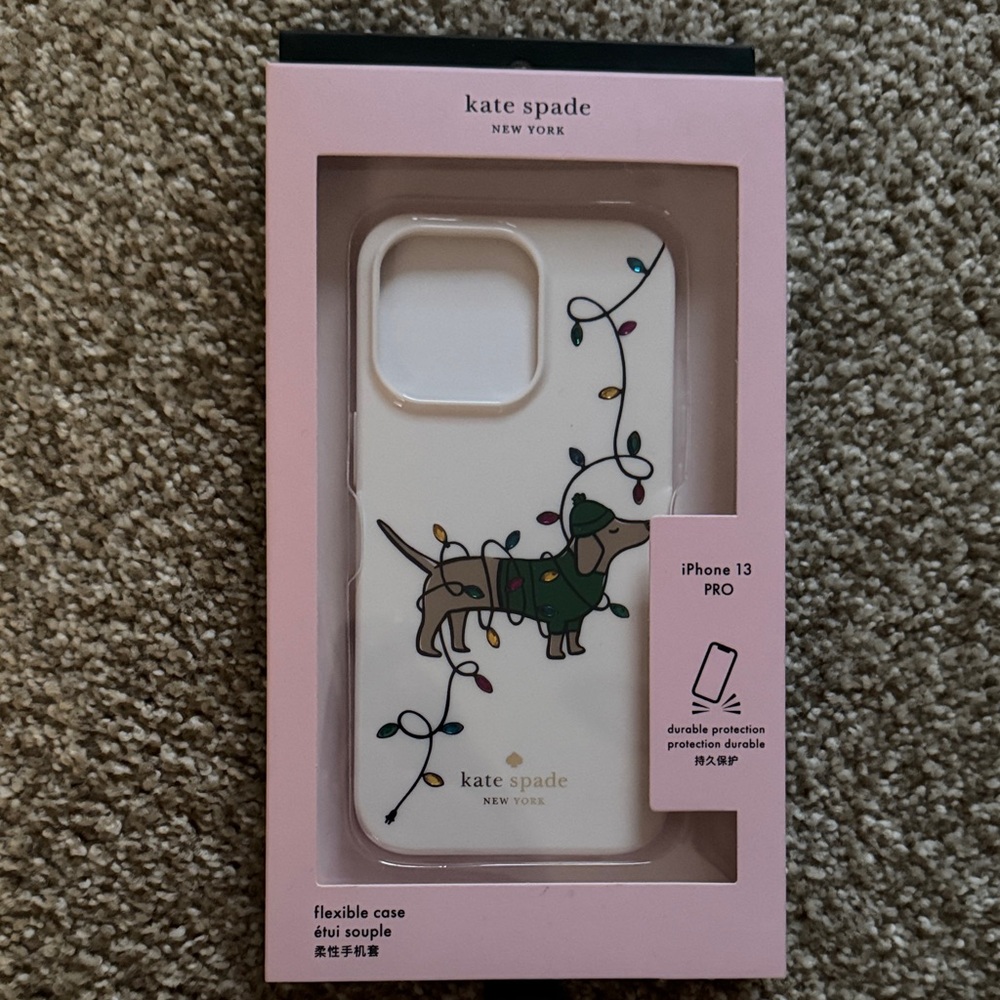 kate spade iPhone 13 Pro Case - White with Festive Dog Design